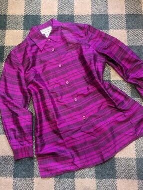 Diane Gilman 100% Silk Bold Electric Barney Purple Flannel Blouse Tunic Size M